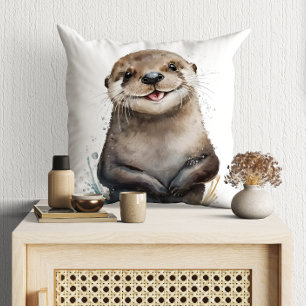 Cute Watercolor Smiling Happy Otter Cushion