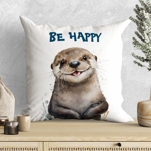 Cute Watercolor Smiling Happy Otter Cushion (Creator Uploaded)