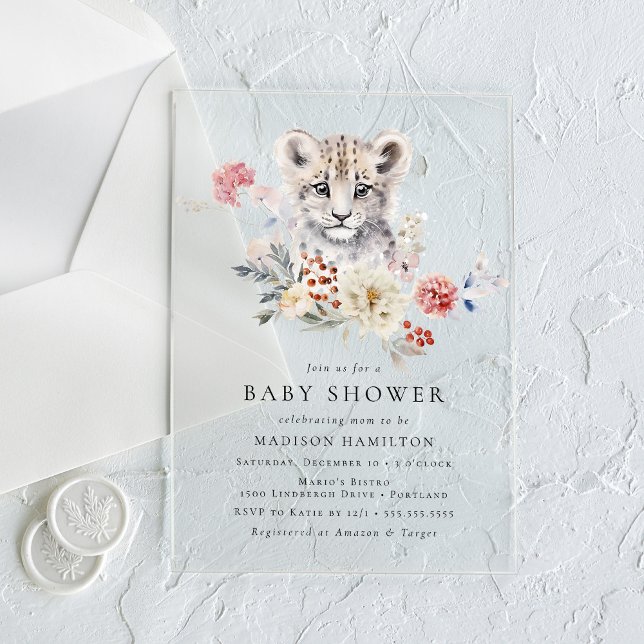 Cute Watercolor Snow Leopard Winter Baby Shower Acrylic Invitations (Creator Uploaded)