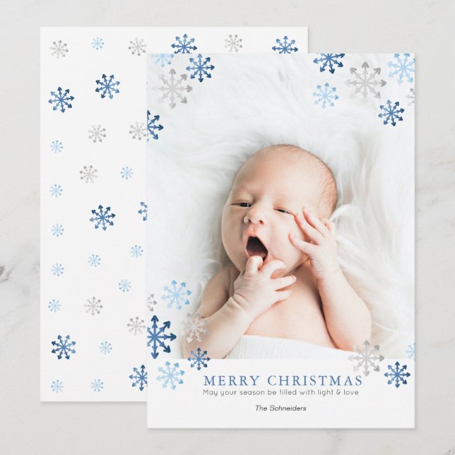 Cute Watercolor Snowflakes Photo Christmas Card (Front/Back)