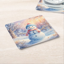 Cute Watercolor Snowman in Winter Wonderland