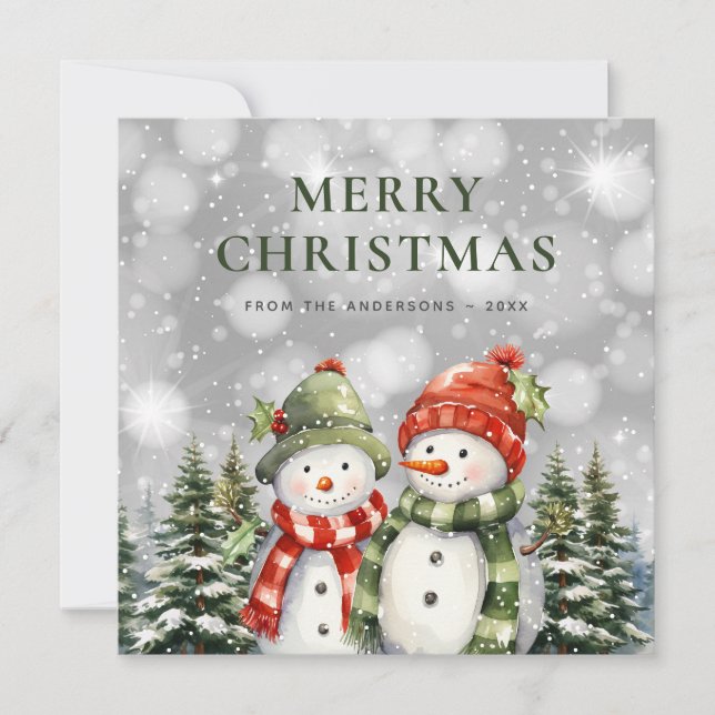 Cute Watercolor Snowman Merry Christmas Holiday Card (Front)