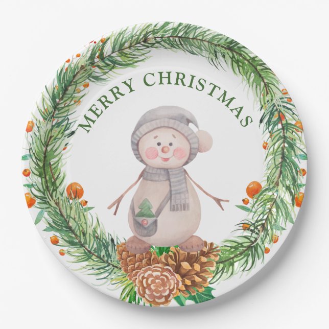 Cute Watercolor Snowman  Paper Plate (Front)