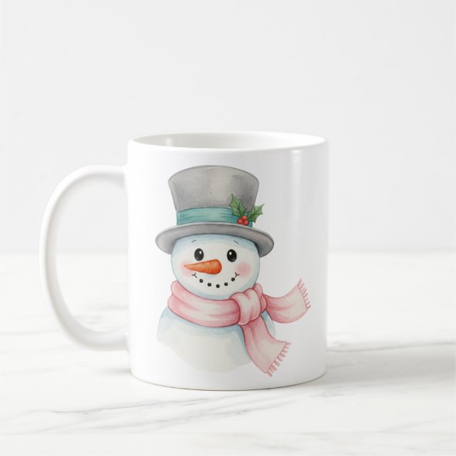 Cute Watercolor Snowman with Pink Scarf Holiday Coffee Mug (Left)