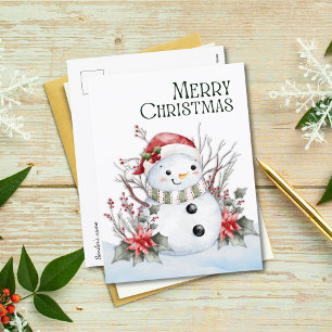 Cute Watercolor Snowman with Santa Hat & Florals Holiday Postcard