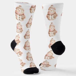 Cute Watercolor Snowmen Pattern Pink White Socks