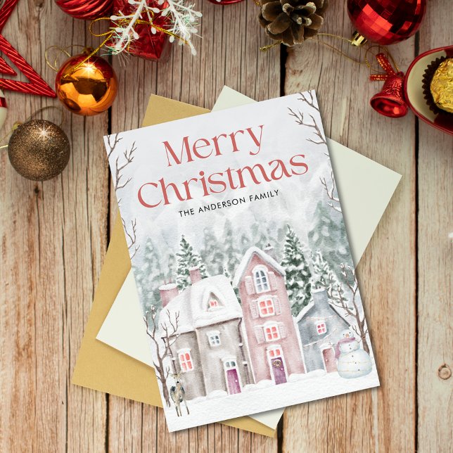 Cute Watercolor Snowy Village Merry Christmas Holiday Card (Creator Uploaded)