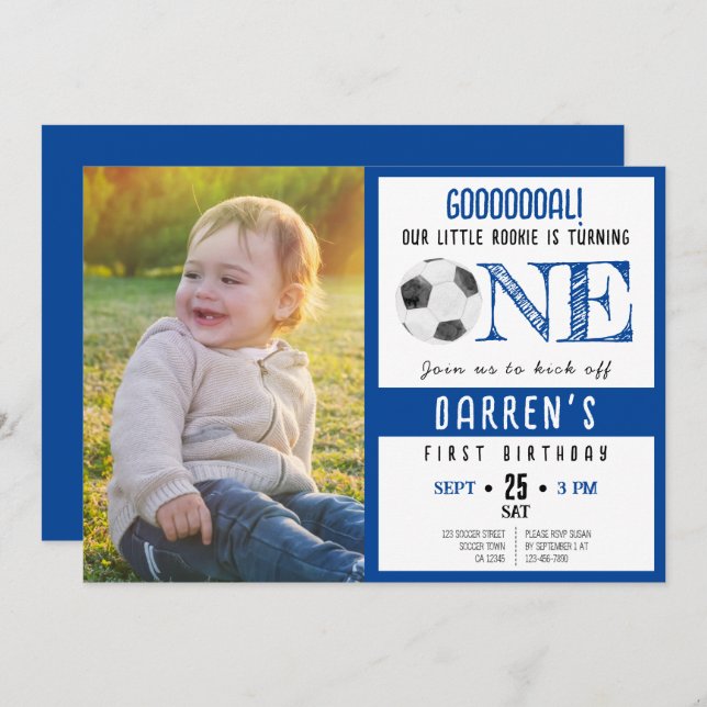 Cute Watercolor Soccer Photo 1st Birthday Invitation (Front/Back)