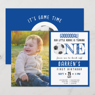Cute Watercolor Soccer Photo 1st Birthday Invitation