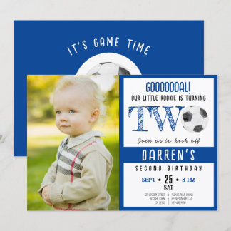 Cute Watercolor Soccer Photo 2nd Birthday Invitation