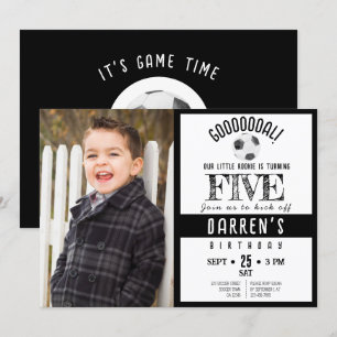 Cute Watercolor Soccer Photo Black Birthday Invitation