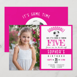 Cute Watercolor Soccer Photo Pink Birthday Invitation