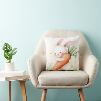 Cute Watercolor Spring Bunny Carrot Cushion