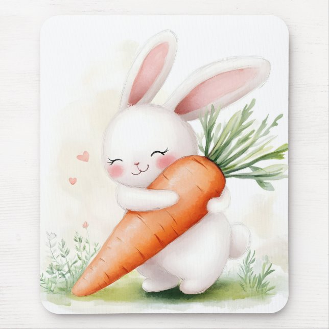 Cute Watercolor Spring Bunny Carrot Mouse Pad (Front)