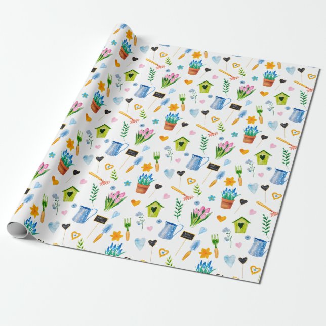 Cute Watercolor Spring Flower Pattern Happy Easter Wrapping Paper (Unrolled)