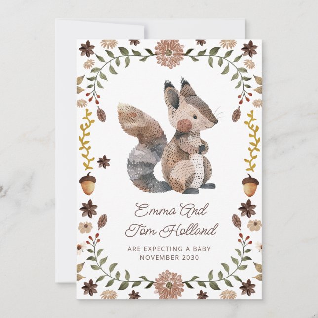 Cute Watercolor Squirrel Pregnancy Announcement (Front)
