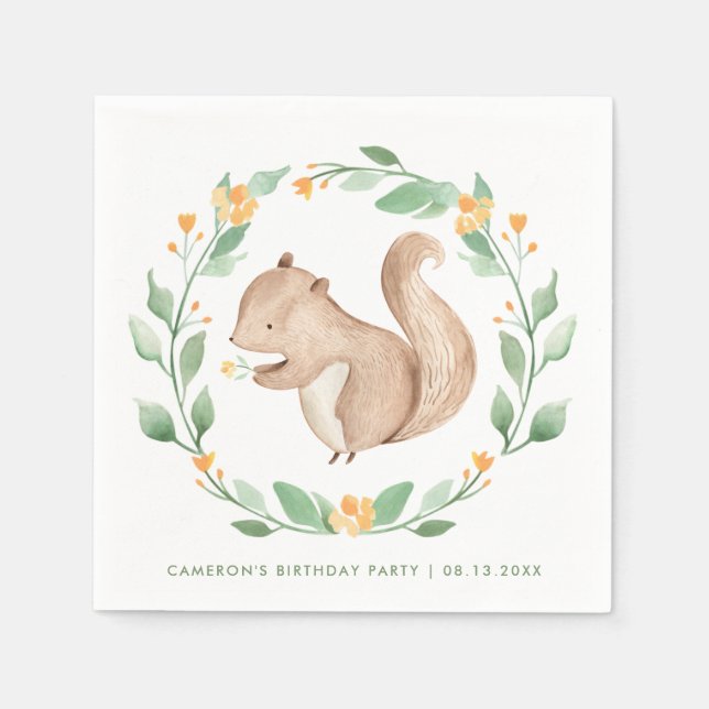 Cute Watercolor Squirrel Wreath Woodland Birthday Napkin (Front)