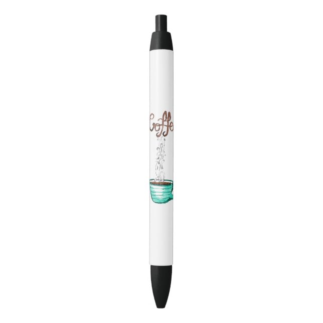 Cute Watercolor Steamy Cup of Coffee Black Ink Pen (Front Vertical)