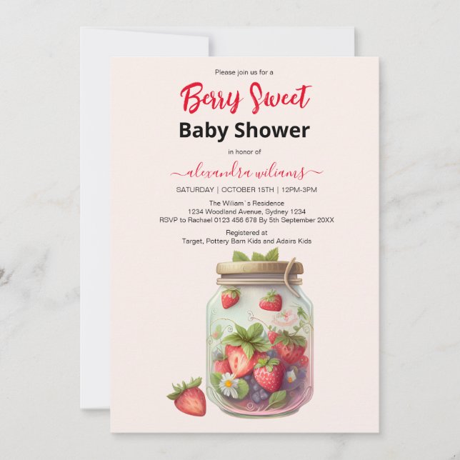 Cute watercolor strawberry baby shower invitation (Front)