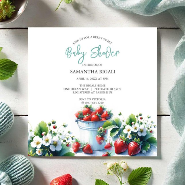 Cute Watercolor Strawberry Baby Shower Invitation (Summer baby shower invitations watercolor strawberries boy farmers market theme.)