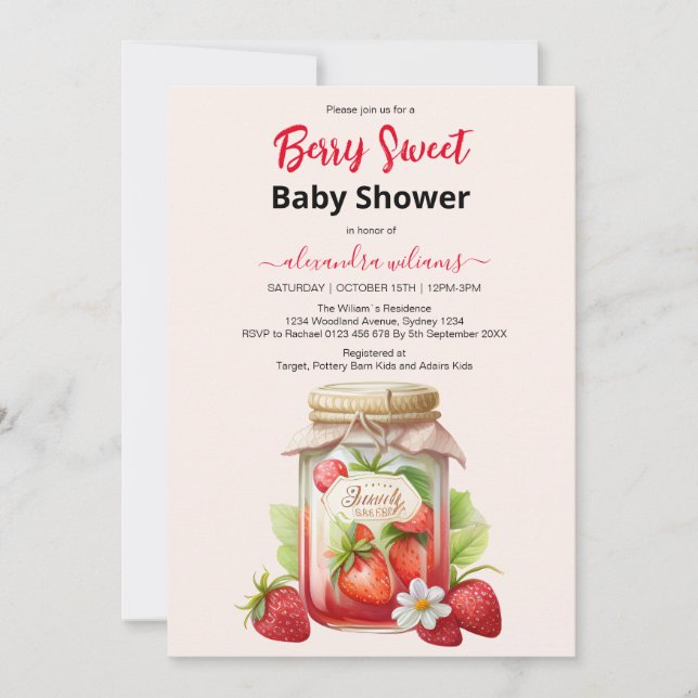 Cute watercolor strawberry baby shower invitation (Front)