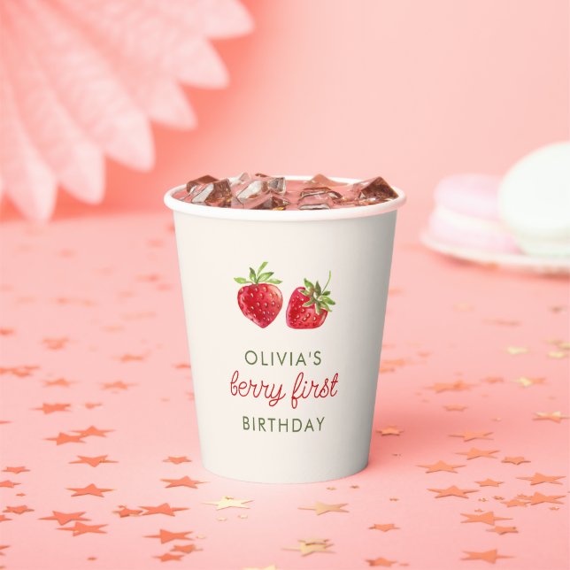 Cute Watercolor Strawberry Berry First Birthday Paper Cups (Insitu)