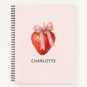 Cute Watercolor Strawberry Bow Coquette Monogram Notebook