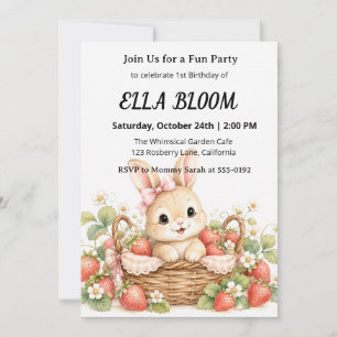 Cute Watercolor Strawberry Bunny 1st Birthday Invitation