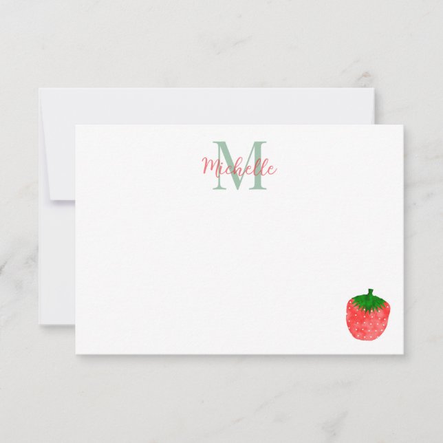Cute Watercolor Strawberry Custom Monogram Card (Front)