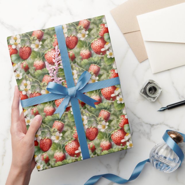 cute watercolor strawberry fruit tiled pattern wrapping paper (Gifting)