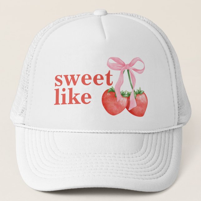Cute Watercolor Strawberry Glamping Trucker Hat (Front)