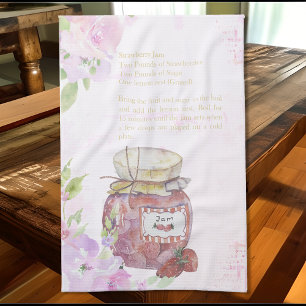 Cute Watercolor Strawberry Jam Recipe Tea Towel