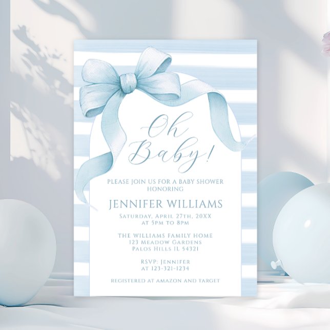 Cute Watercolor Striped Bow Ribbon Baby Boy Shower Invitation (Creator Uploaded)
