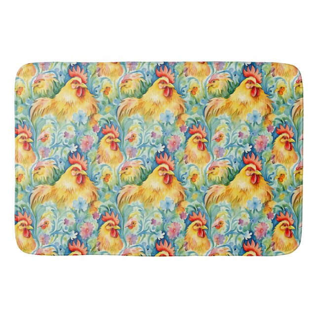 Cute Watercolor Style Chickens Bath Mat (Front)
