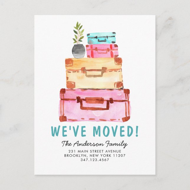 Cute Watercolor Suitcase Plant We've Moved Moving Announcement Postcard (Front)