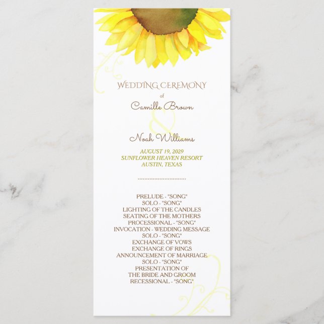 Cute Watercolor Sunflower Wedding Program (Front)