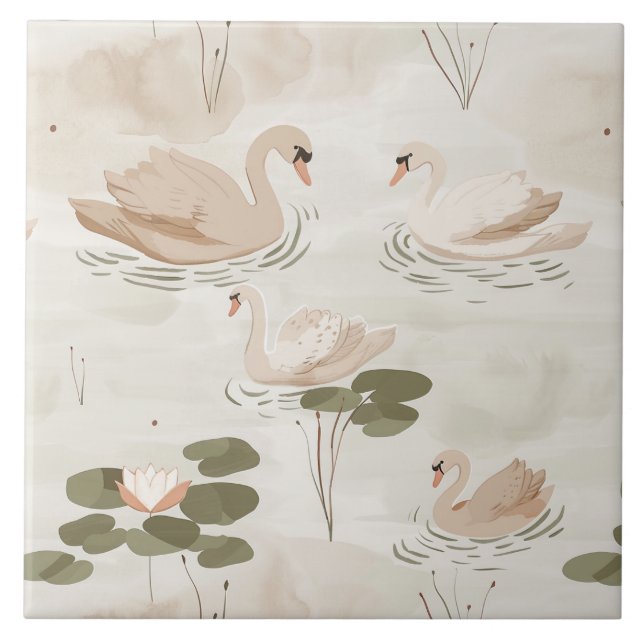 Cute watercolor swan pattern ceramic tile (Front)