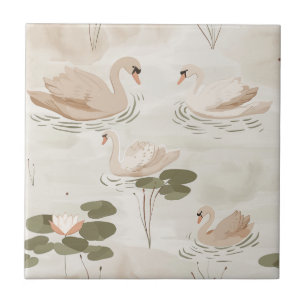 Cute watercolor swan pattern ceramic tile