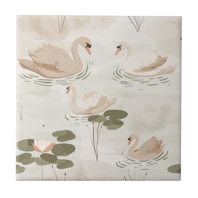 Cute watercolor swan pattern ceramic tile (Front)