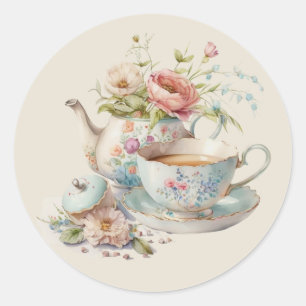 Cute Watercolor Teapot with Floral Bouquet Classic Classic Round Sticker