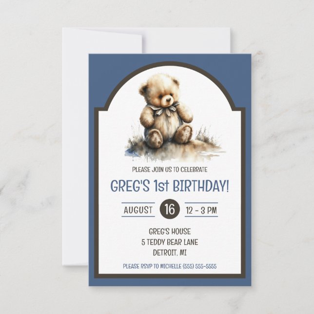 Cute Watercolor Tedd Bear Birthday Party Invitation (Front)