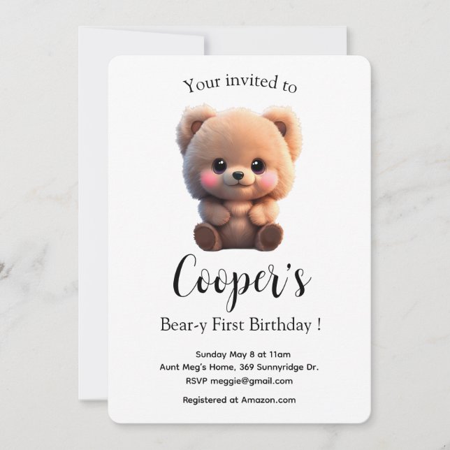 Cute watercolor teddy bear 1st birthday  (Front)