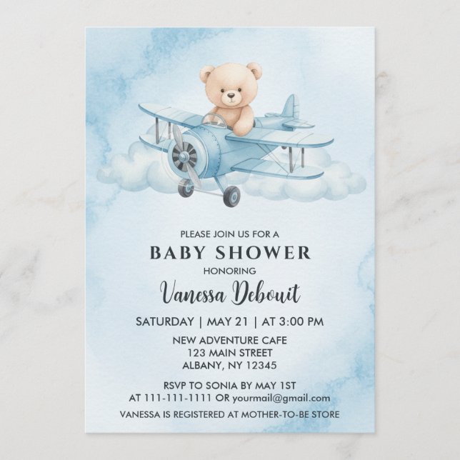 Cute Watercolor Teddy Bear Aeroplane Baby Shower Invitation (Front)