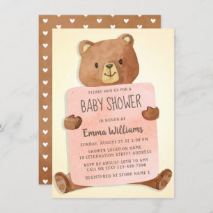 Cute Watercolor Teddy Bear Baby Shower Invitation