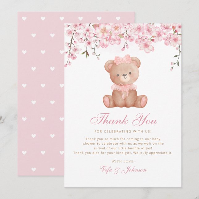 Cute Watercolor Teddy Bear Baby Shower Thank You Invitation (Front/Back)