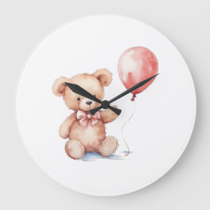 Cute Watercolor Teddy Bear Birthday Party Large Clock