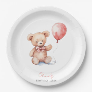 Cute Watercolor Teddy Bear Birthday Party Paper Plate