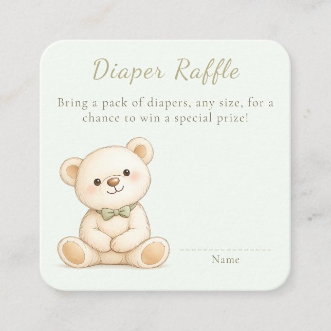 Cute Watercolor Teddy Bear Diaper Raffle Enclosure Card (Front)