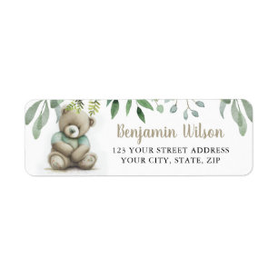 Cute Watercolor Teddy Bear Green Leaves Foliage Return Address Label