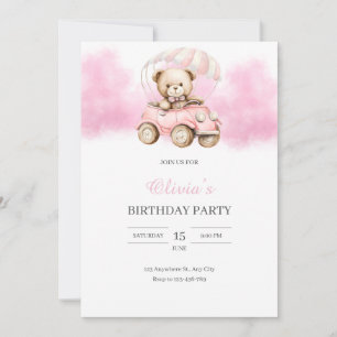 Cute Watercolor Teddy Bear in Pink Car Birthday Invitation